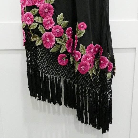 Vintage Cache 90s Midi Dress Silk Salsa Asymmetrical Fringe Tassel Rose Applique - Picture 11 of 15